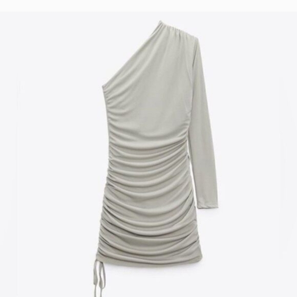 NWT Zara Women's One-Shoulder Ruched Dress - Gray - Picture 3 of 7